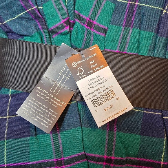 New Lauren Ralph Lauren Womens 2X Flannel Pajama Plaid Plus Green Tartan Winter - Picture 4 of 9